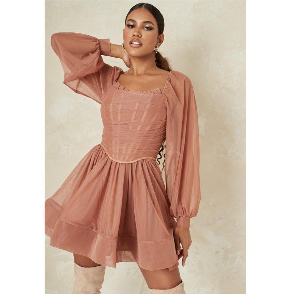 Missguided Sz. 2 NWT Taupe Draped Tulle Balloon Sleeve Skater Dress